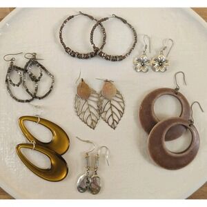 Boho Statement Earrings Lot 7 Pairs Wood Leaf Hoop Beaded Dangle Mixed Jewelry